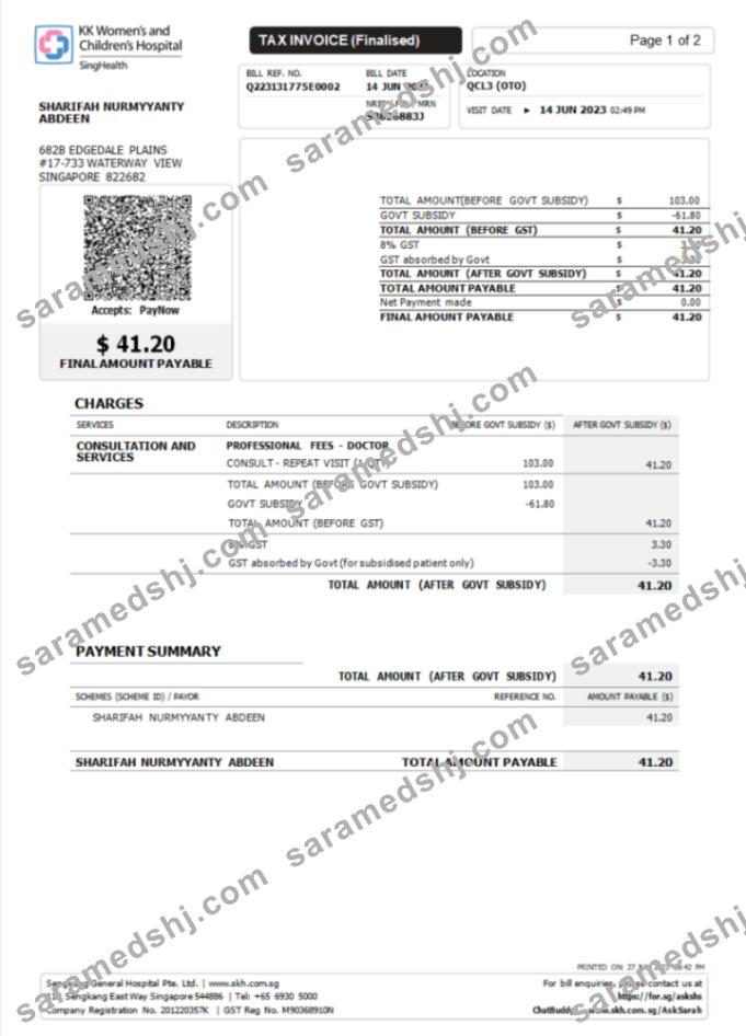 Singapore KK Hospital tax invoice Word and PDF template